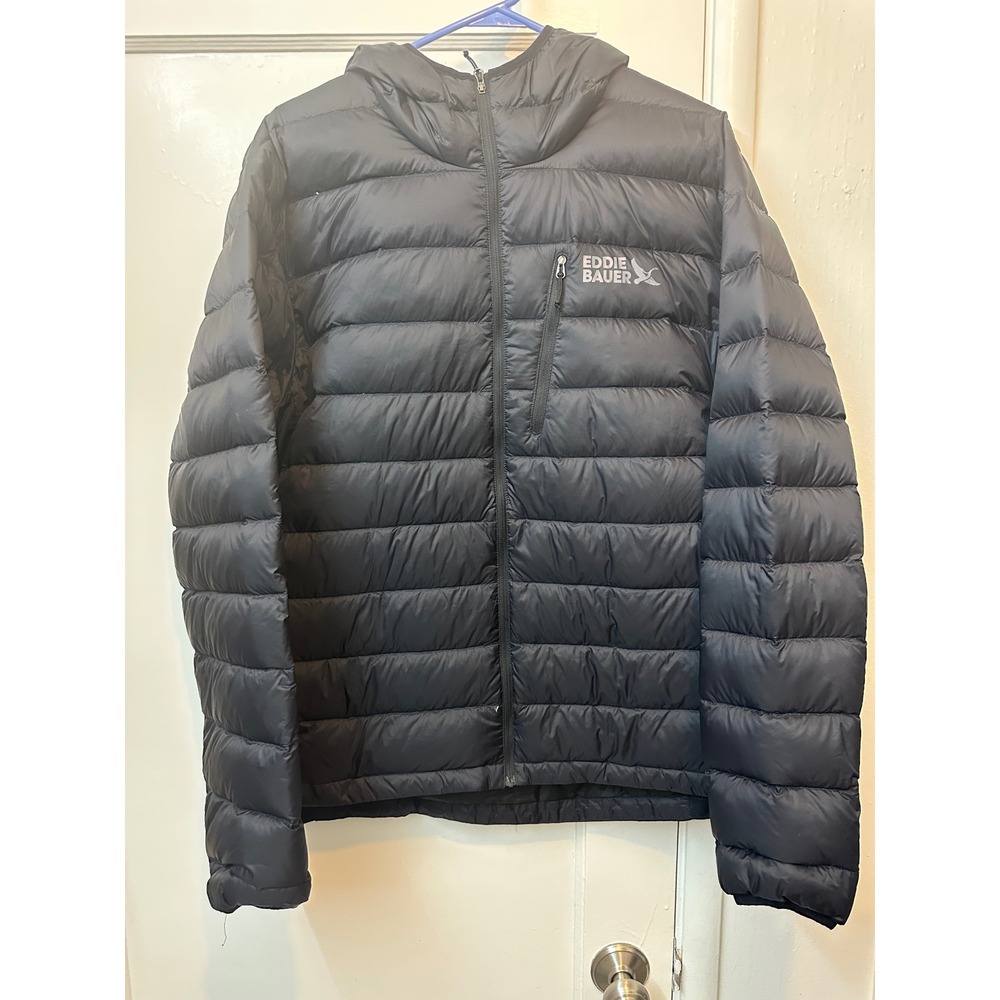 Eddie Bauer Mens XL Black 550 Down Hooded Puffer Jacket C3497189 Fall/Hol 24